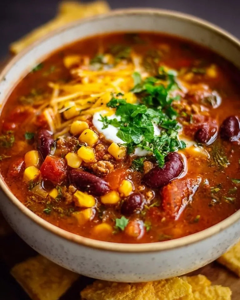 Delicious bowl of Taco Soup topped with cheese and cilantro