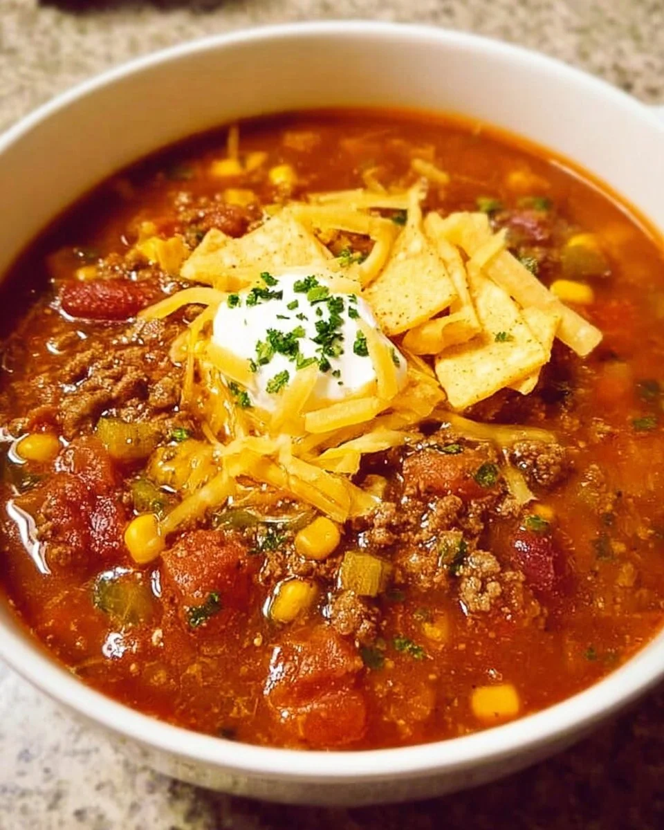 Delicious homemade Taco Soup in a bowl with toppings.