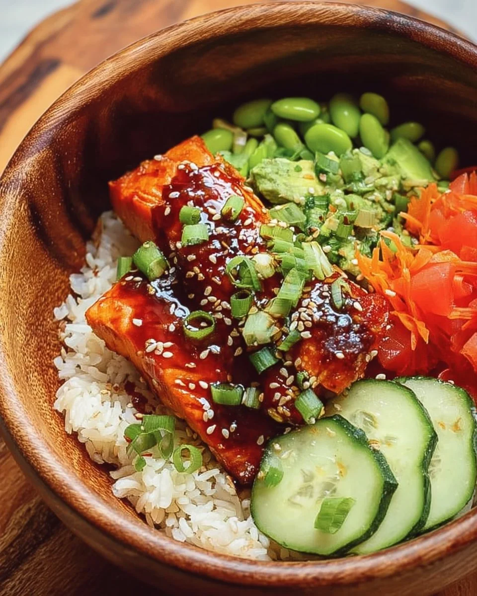 Delicious teriyaki salmon bowl topped with fresh vegetables and sesame seeds