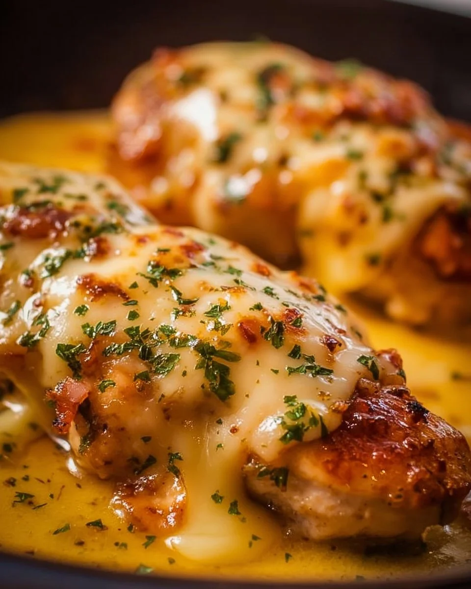 Delicious Texas Roadhouse Smothered Chicken with melted Jack cheese on top.