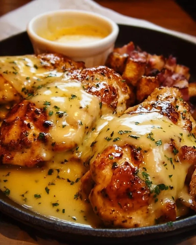 Texas Roadhouse smothered chicken topped with jack cheese on a plate.