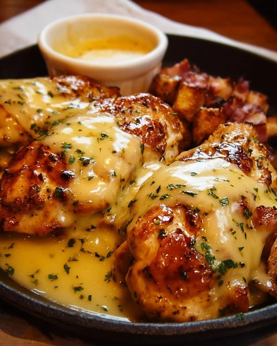 Texas Roadhouse smothered chicken topped with jack cheese on a plate.