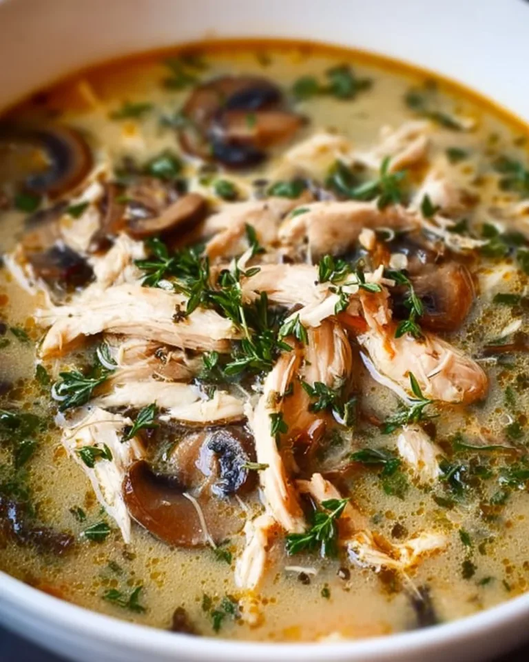 Bowl of rotisserie chicken and mushroom soup, a fall favorite dish.