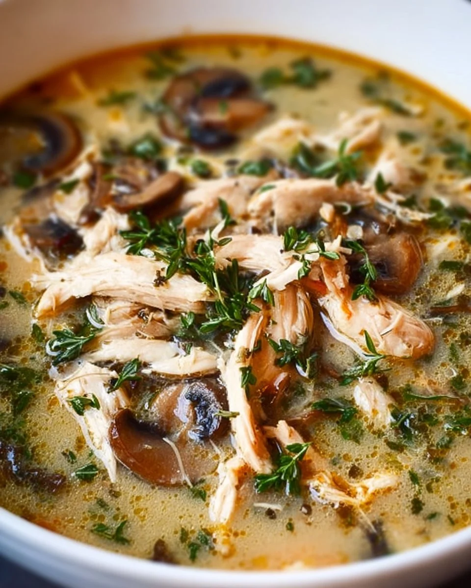 Bowl of rotisserie chicken and mushroom soup, a fall favorite dish.