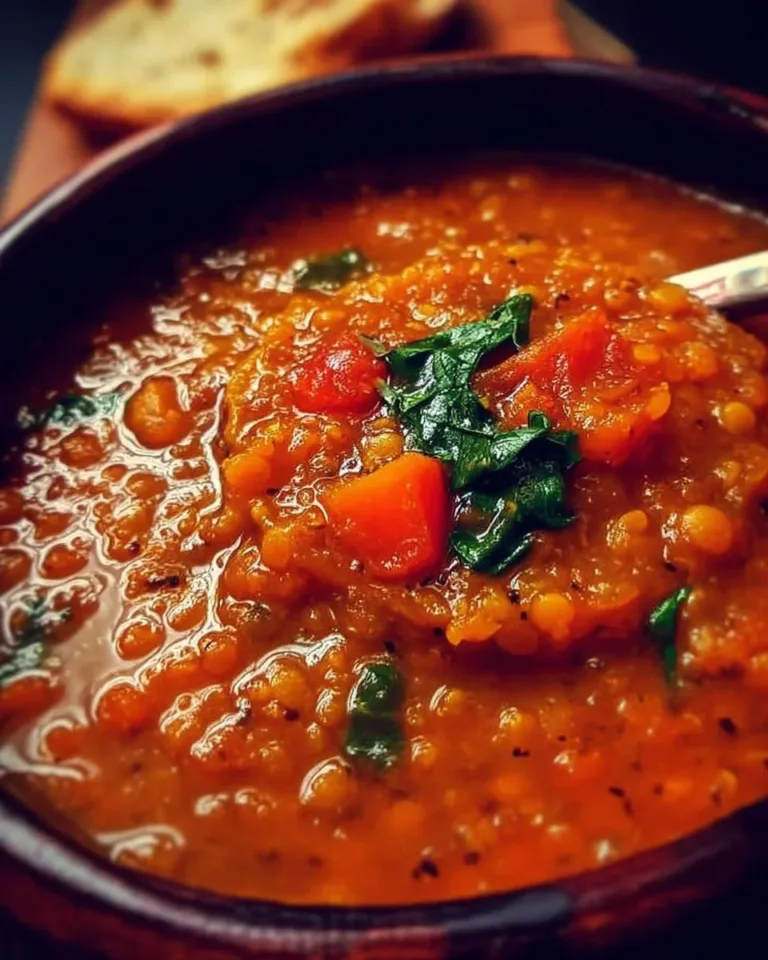 Delicious bowl of homemade Tomato Lentil Soup garnished with herbs.