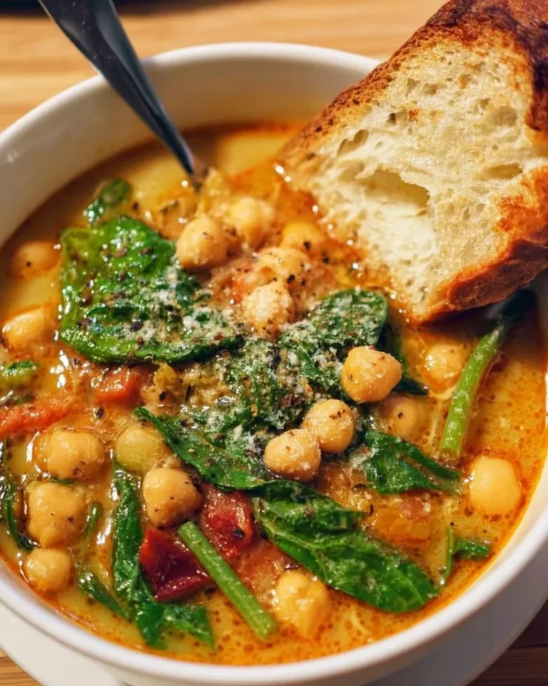 Bowl of delicious Tuscan Garbanzo Bean Soup garnished with herbs.