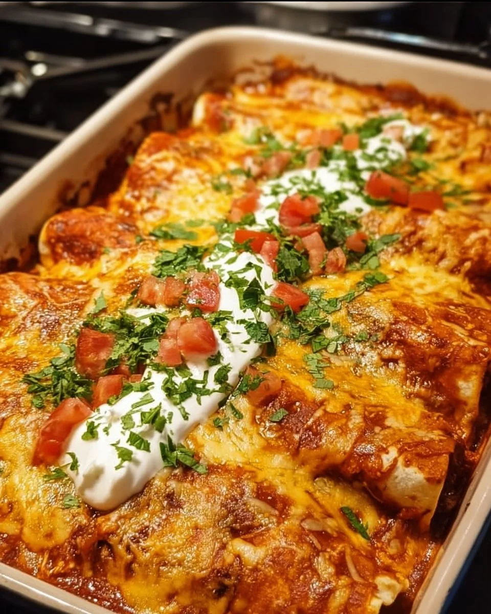 Plate of quick and easy chicken enchiladas topped with cheese and cilantro.