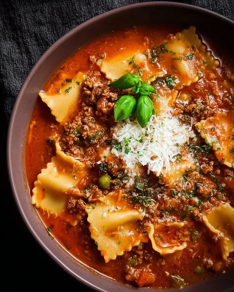Bowl of viral TikTok lasagna soup with melted cheese and pasta.