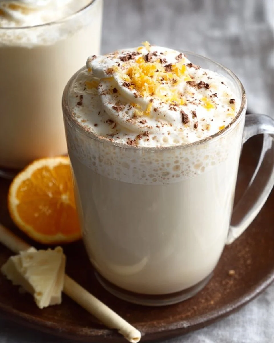 Cup of white chocolate orange hot cocoa topped with whipped cream and orange zest