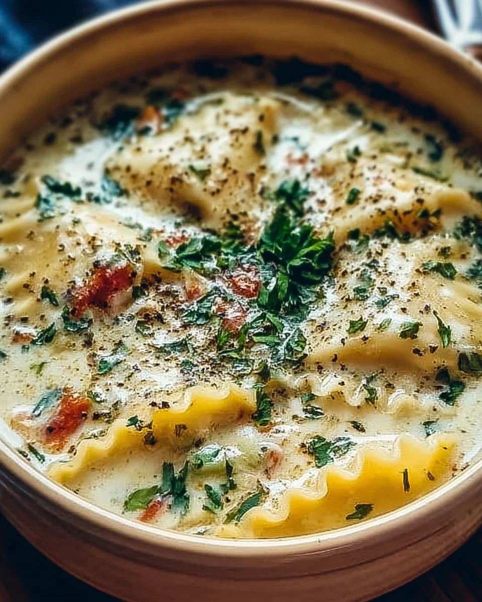 A bowl of creamy White Lasagna Soup topped with herbs and cheese.