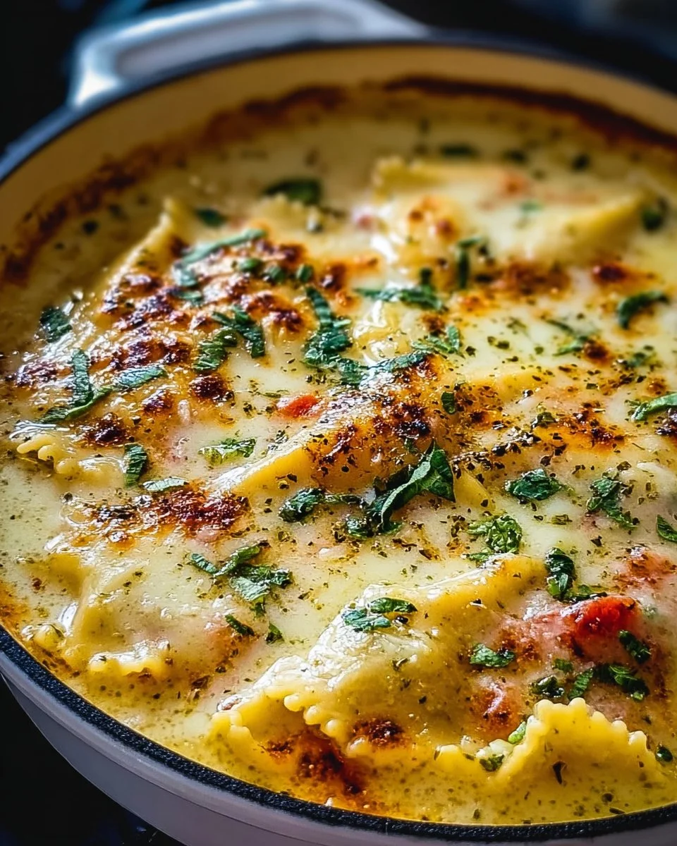 Delicious bowl of creamy white lasagna soup topped with cheese and herbs.