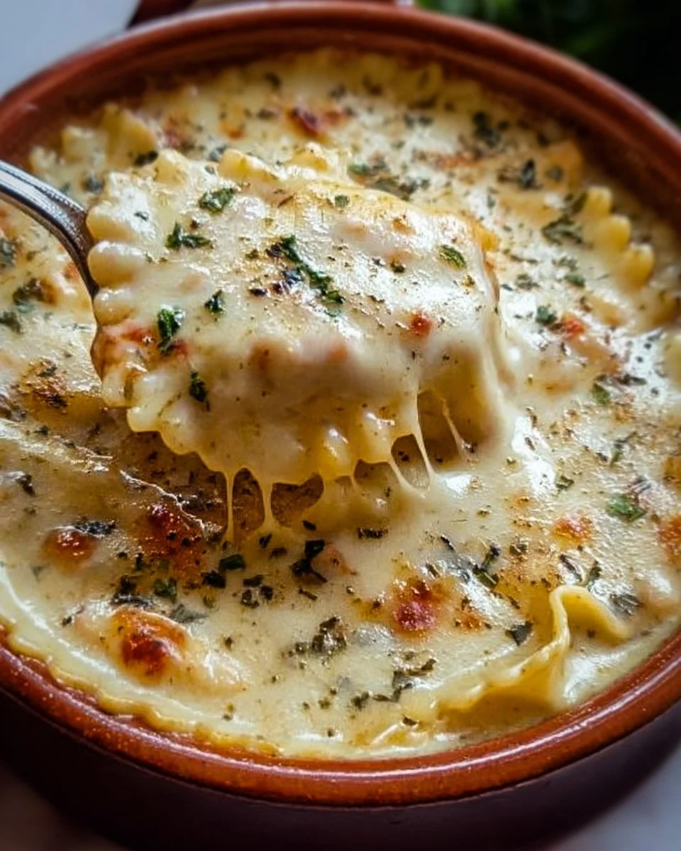 Bowl of creamy white lasagna soup topped with herbs and cheese