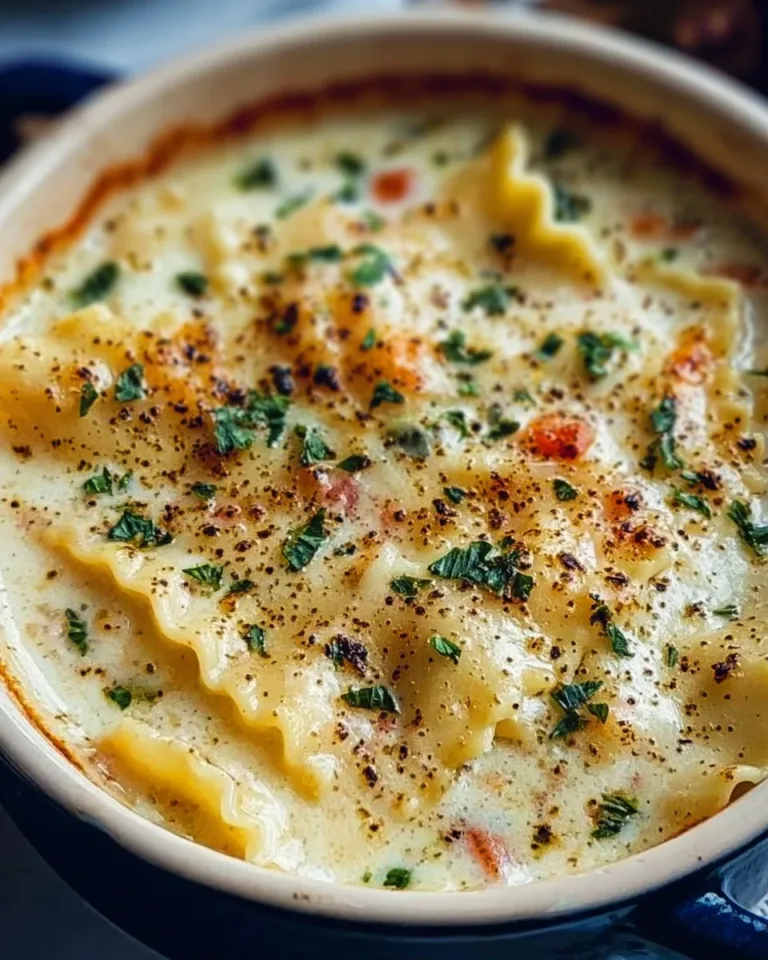 Bowl of delicious white lasagna soup topped with cheese and herbs
