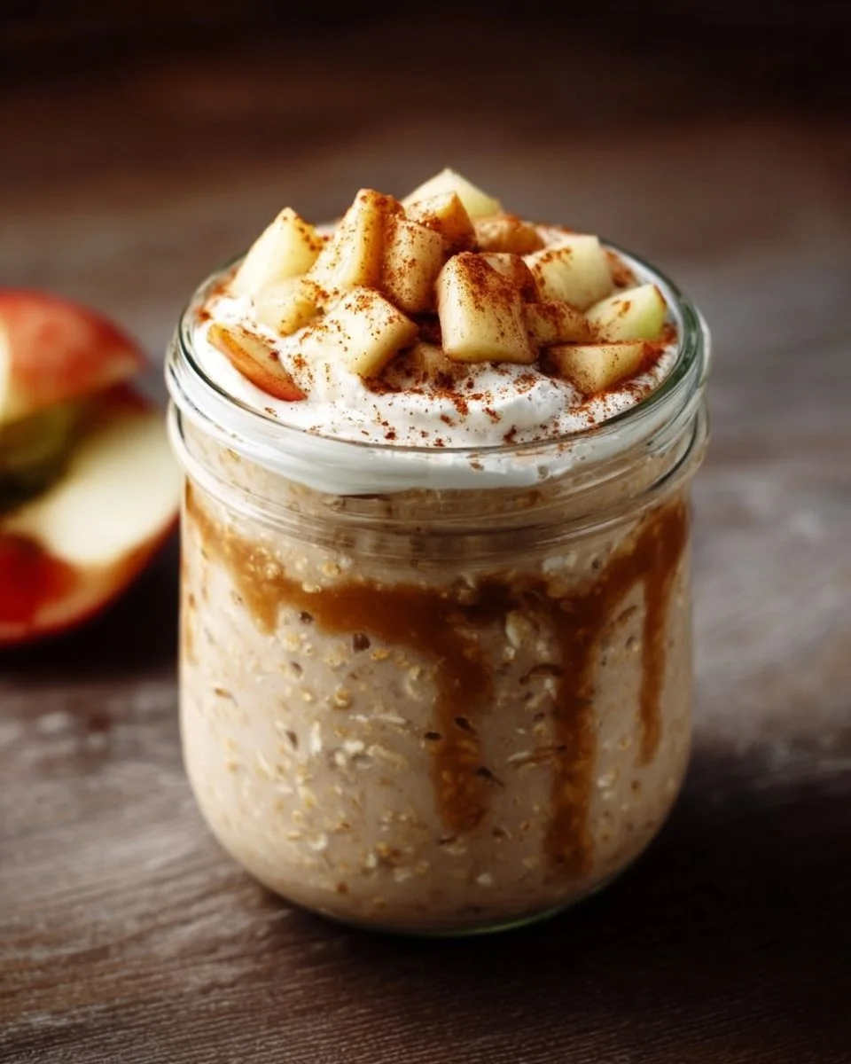 Bowl of Apple Cinnamon Overnight Oats topped with fresh apples and cinnamon