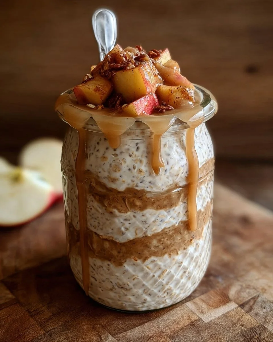 Healthy Apple Pie Overnight Oats in a glass topped with apples and cinnamon