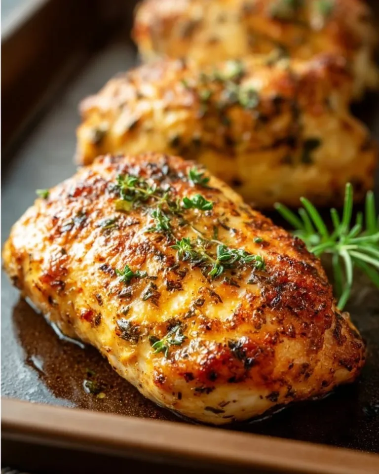 Delicious baked chicken breast served on a plate with herbs