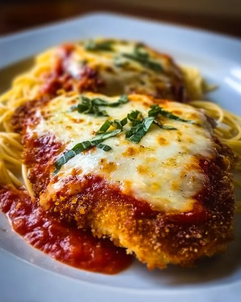 Baked chicken parmesan dish topped with melted cheese and herbs.