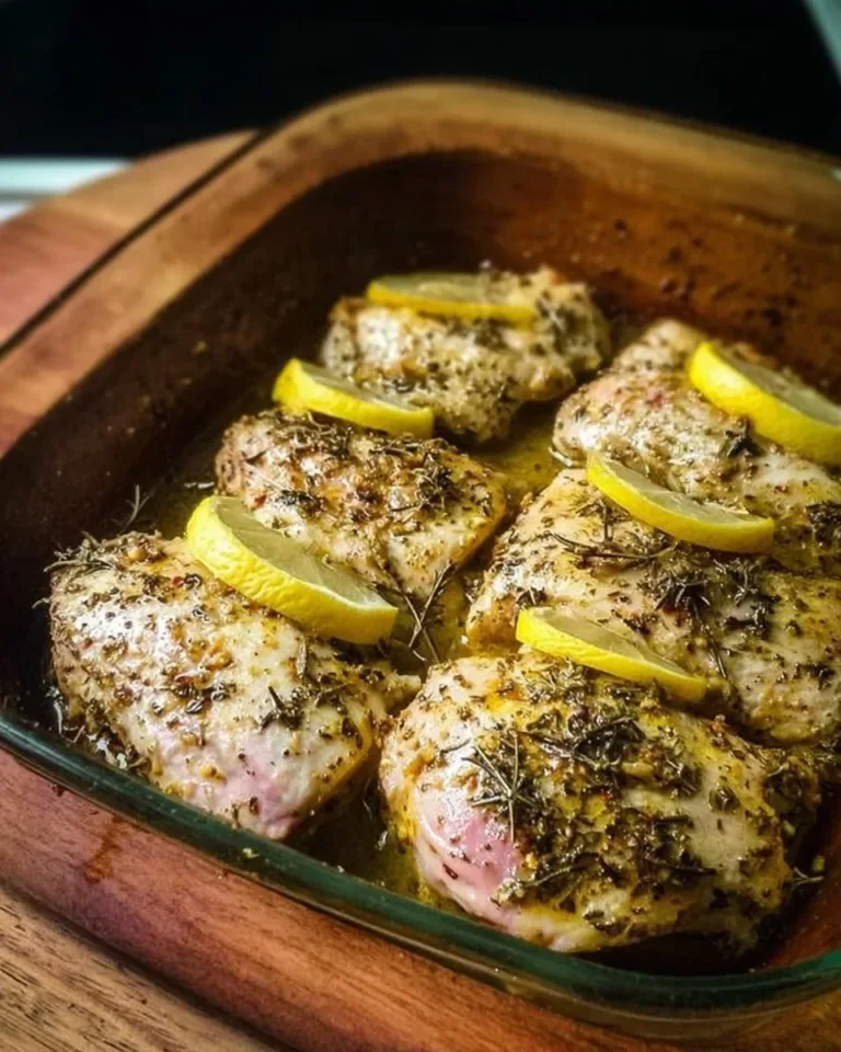 Baked Greek Lemon Chicken dish garnished with herbs and lemon slices