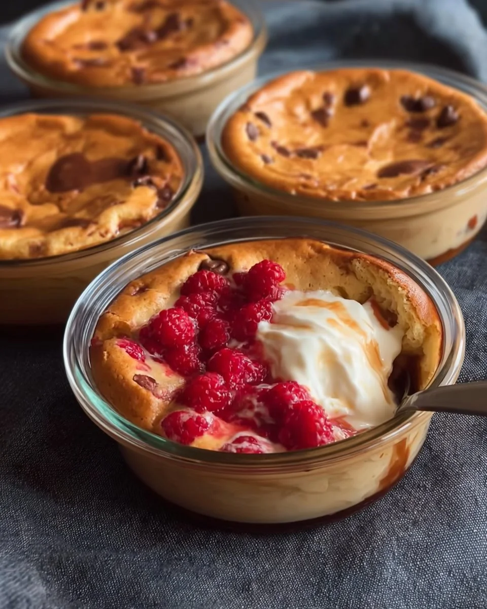 Baked protein pancake bowl topped with fresh fruit and syrup