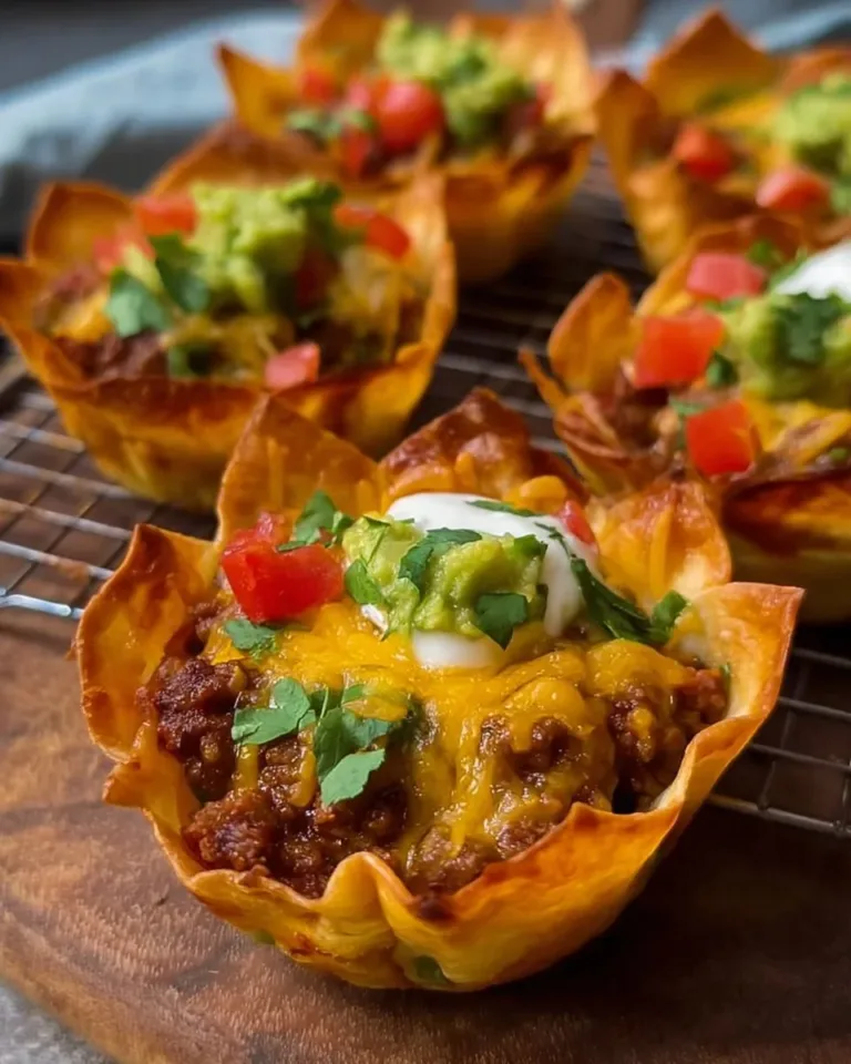 Delicious baked taco cups topped with cheese and vegetables