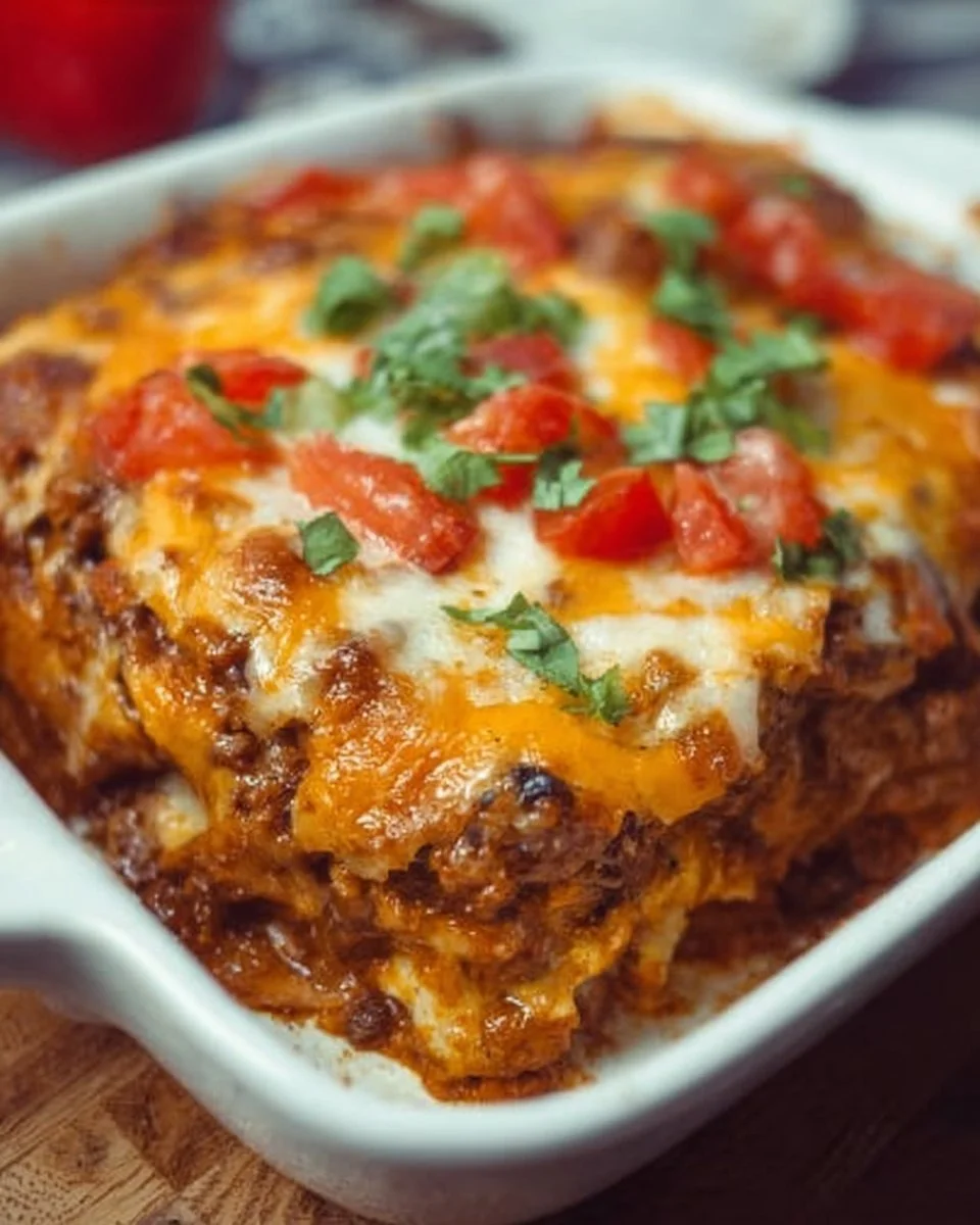 Delicious beef enchilada casserole topped with cheese and fresh ingredients