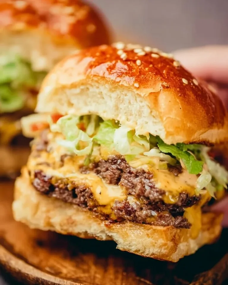 A tray of freshly made Big Mac Sliders with lettuce, cheese, and special sauce
