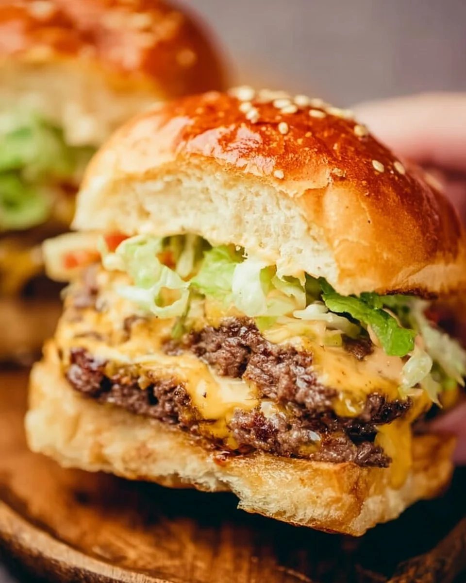 A tray of freshly made Big Mac Sliders with lettuce, cheese, and special sauce