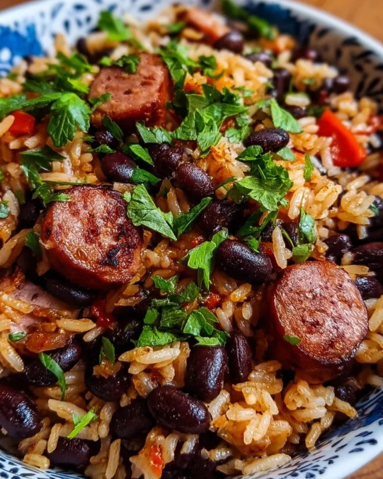 Delicious black beans and rice with sausage served on a plate