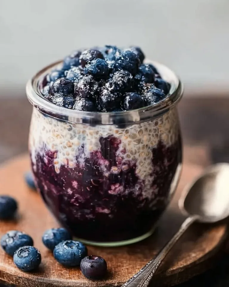 Bowl of blueberry overnight oats topped with fresh blueberries and almonds
