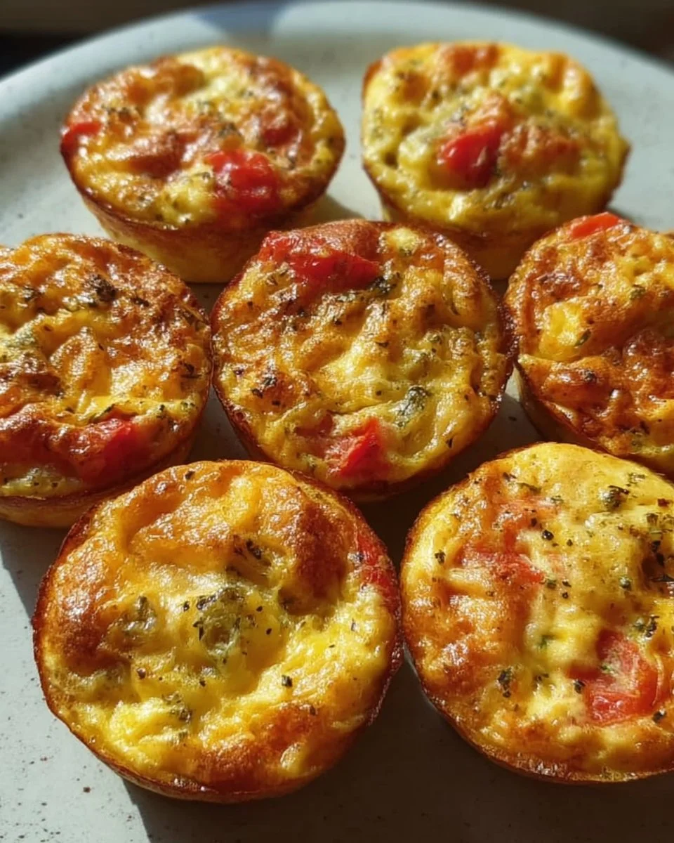 Delicious breakfast egg muffins with vegetables and cheese on a plate.