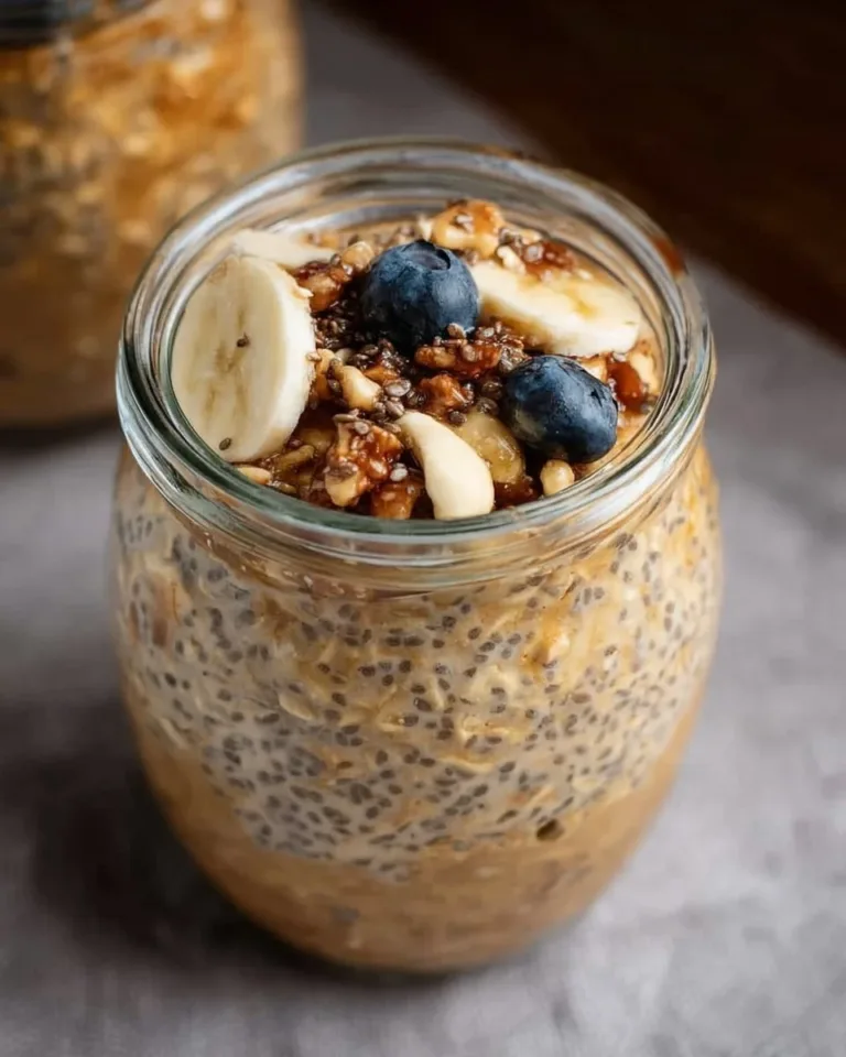 Bowl of brown sugar overnight oats topped with fruits and nuts