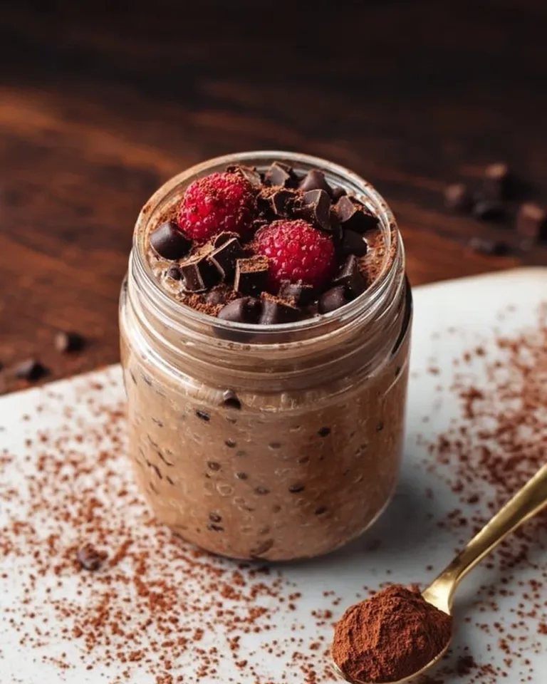 Delicious brownie batter overnight oats topped with chocolate and nuts