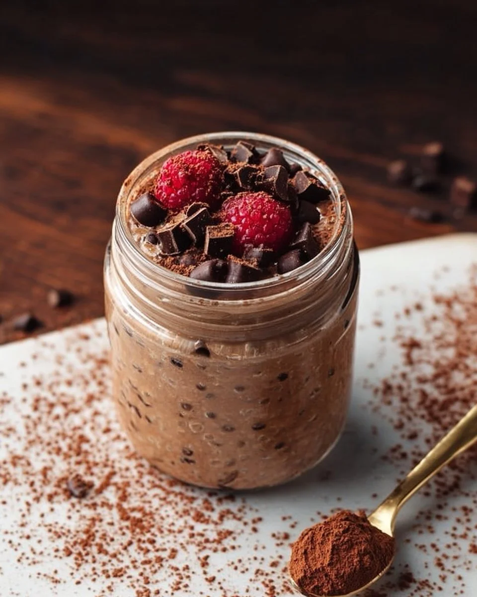 Delicious brownie batter overnight oats topped with chocolate and nuts