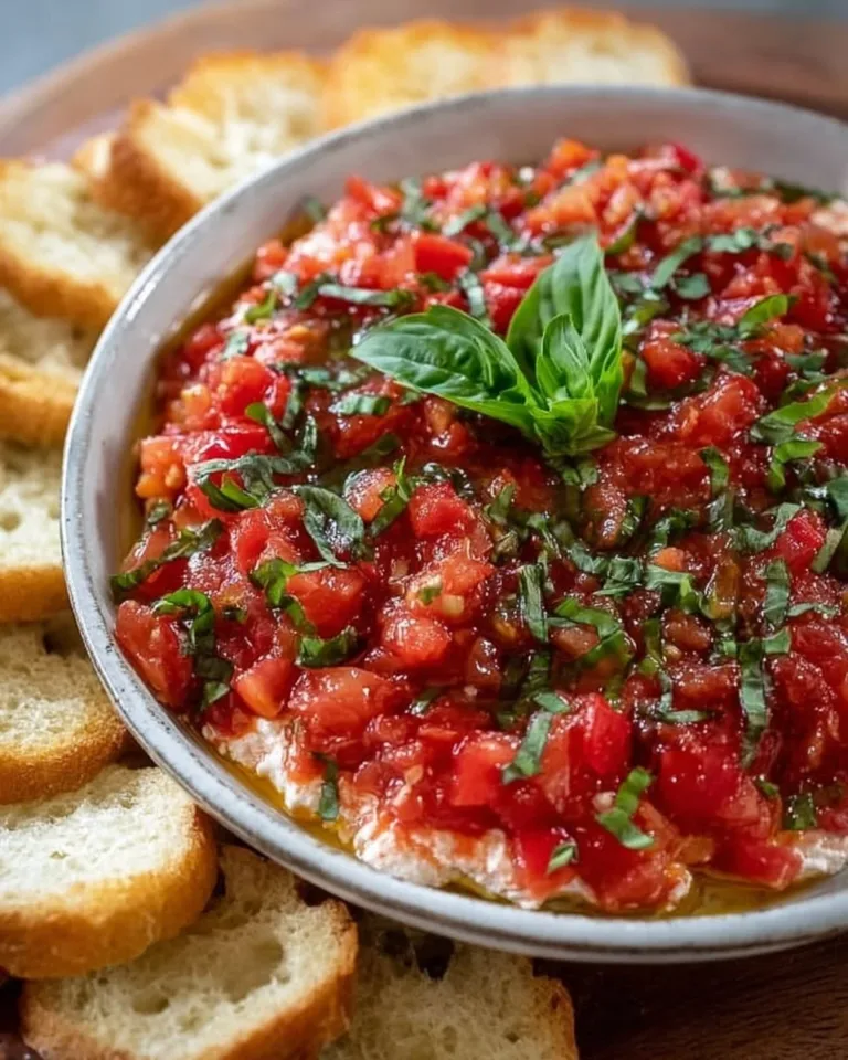 A colorful bruschetta dip served with crispy bread slices, perfect for appetizers.