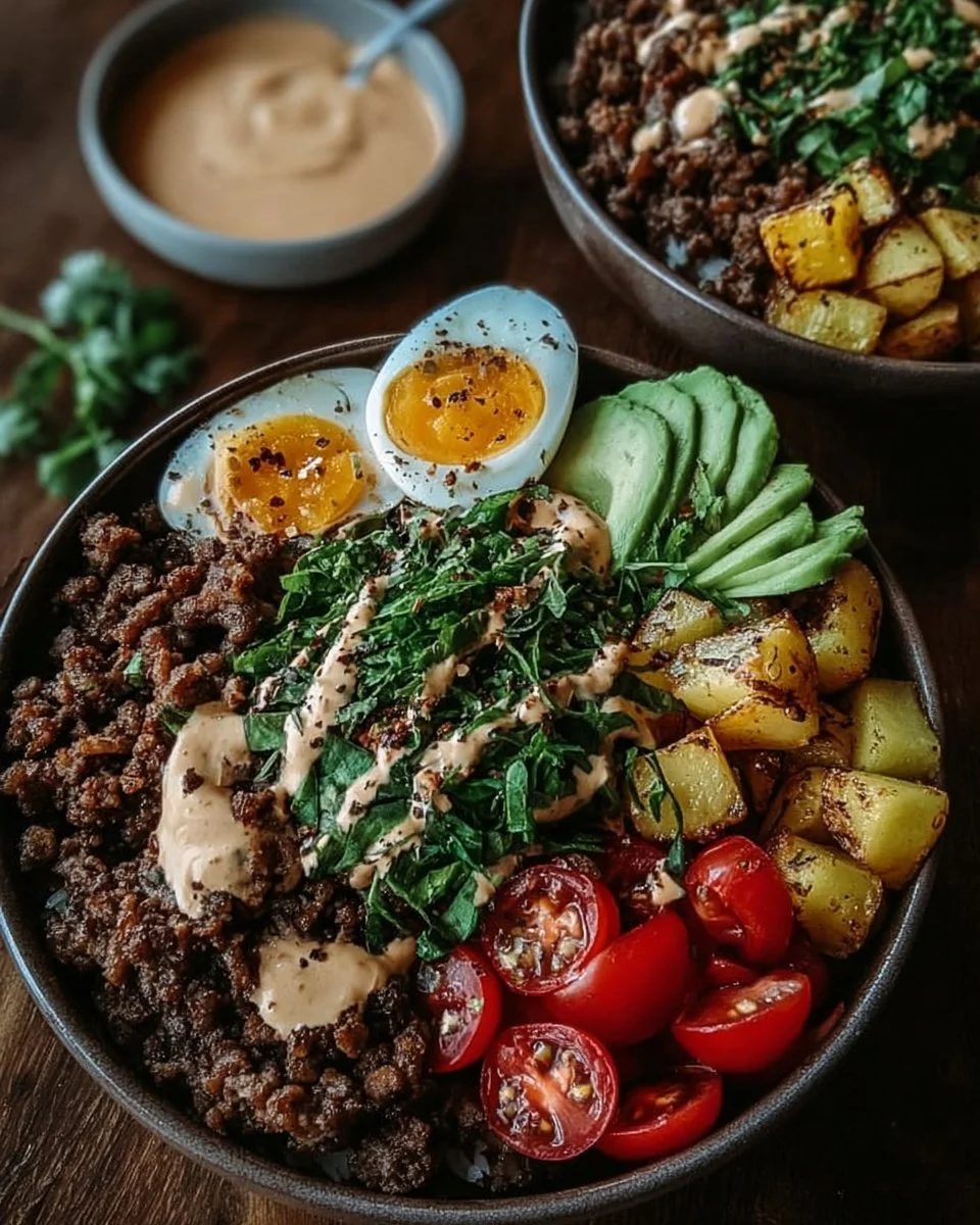 Delicious burger bowls topped with fresh ingredients and flavorful sauces