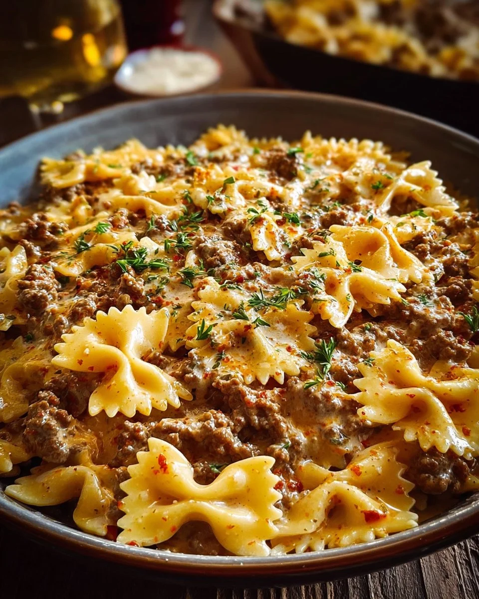 Cajun Cream Cheese Alfredo Bowties with Spiced Ground Beef
