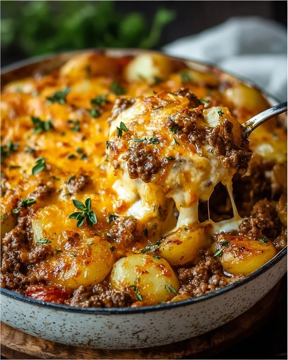 Cheesy ground beef and potato casserole served in a baking dish