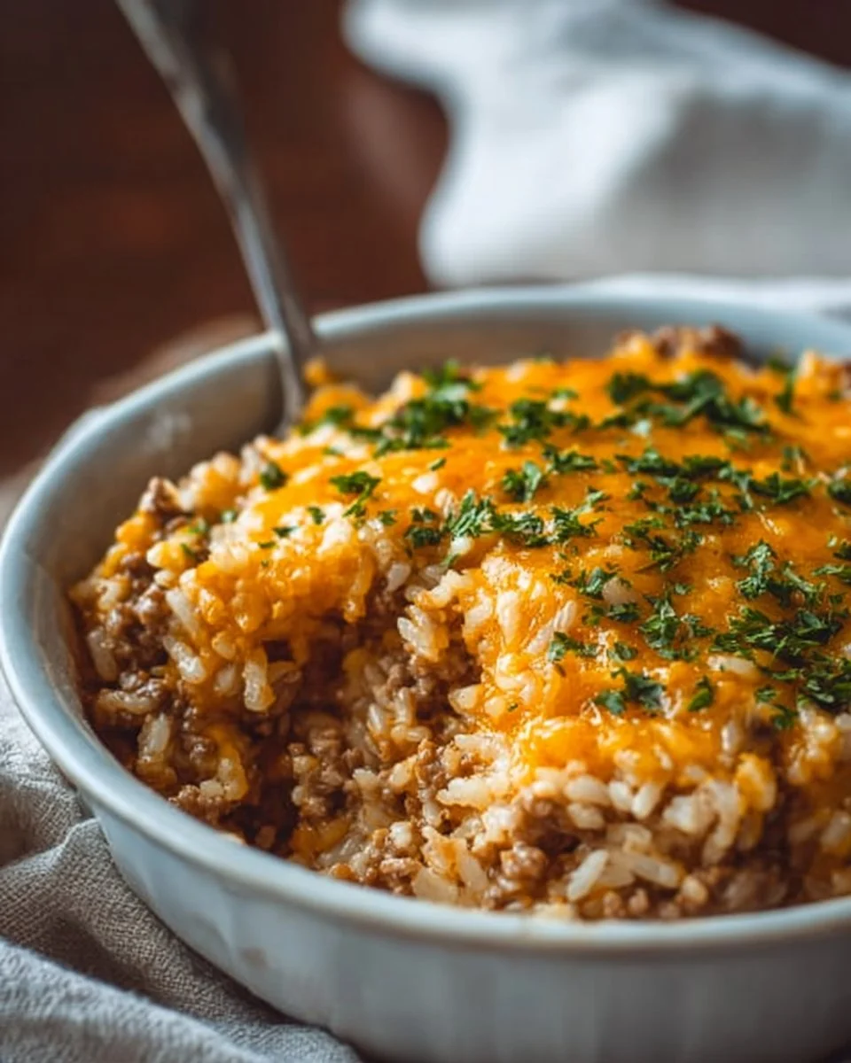 Cheesy ground beef and rice casserole topped with melted cheese in a baking dish.