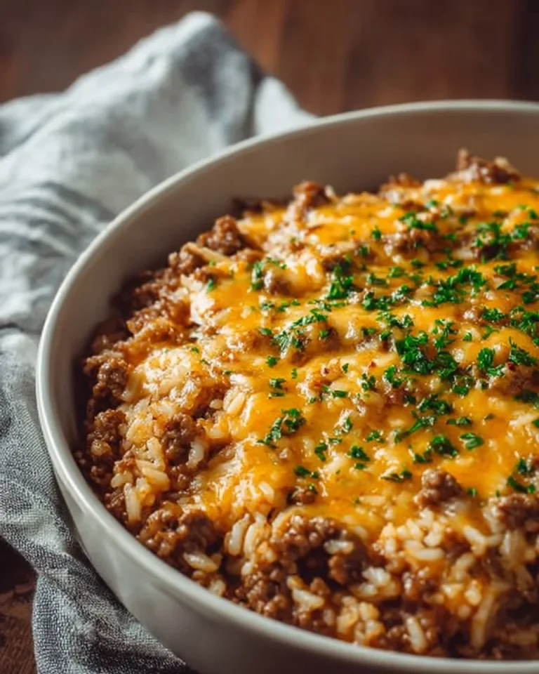 Cheesy Ground Beef and Rice Casserole baked in a dish