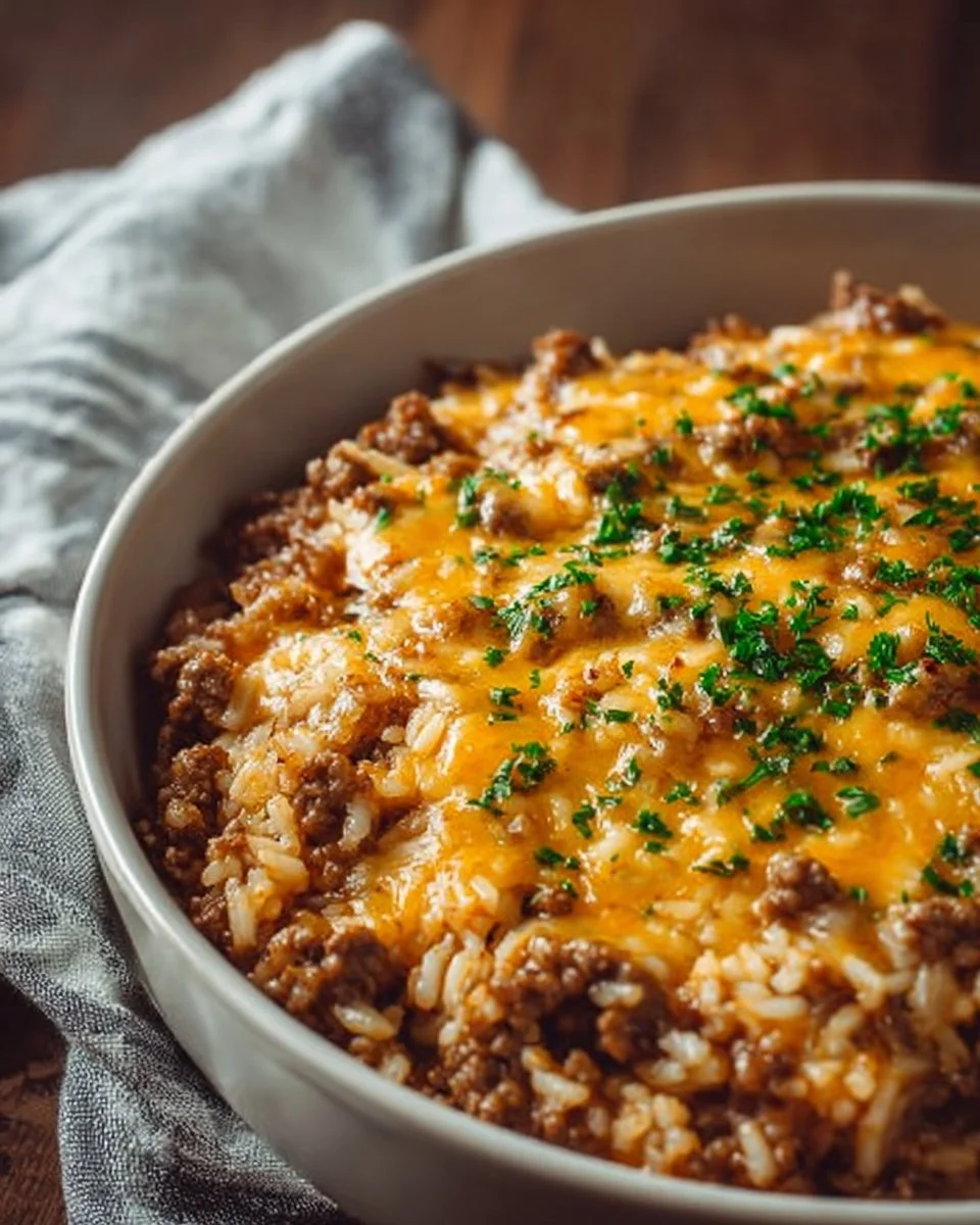 Cheesy Ground Beef and Rice Casserole baked in a dish