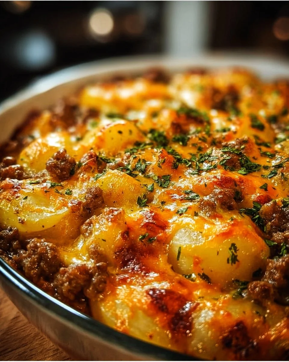 Cheesy ground beef and potato casserole fresh out of the oven