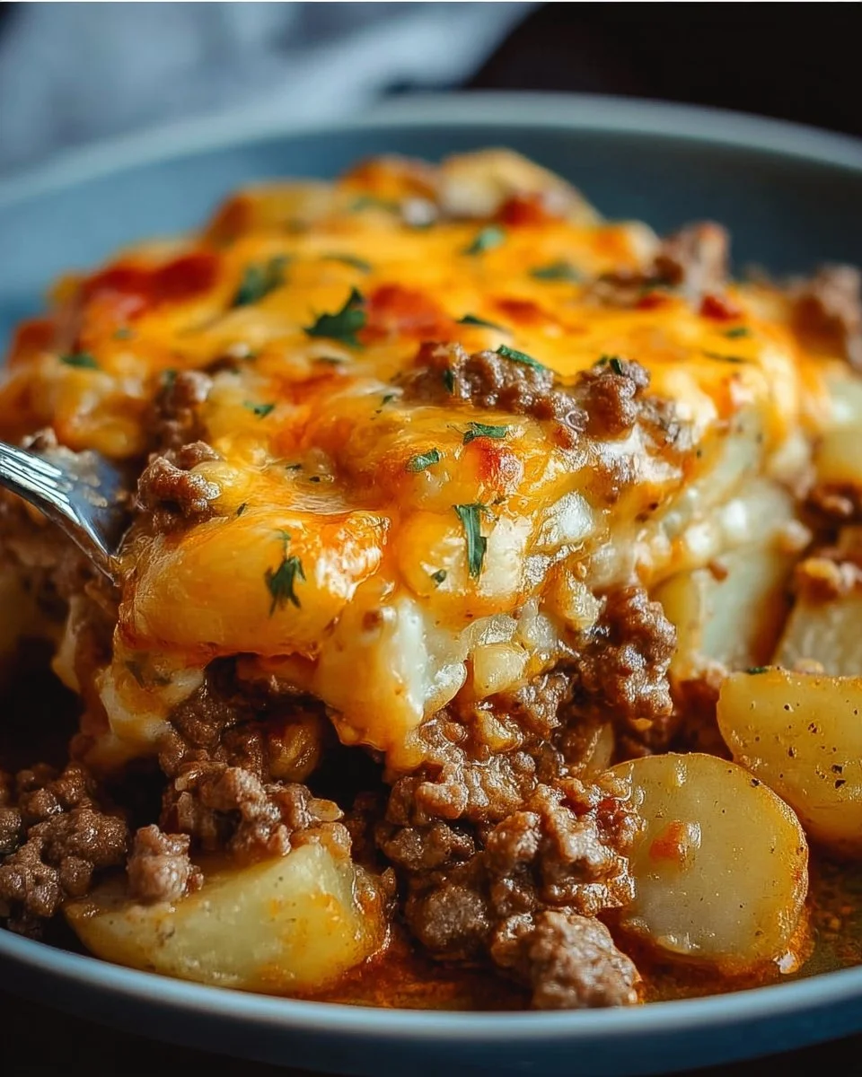 Cheesy ground beef and potato casserole in a baking dish