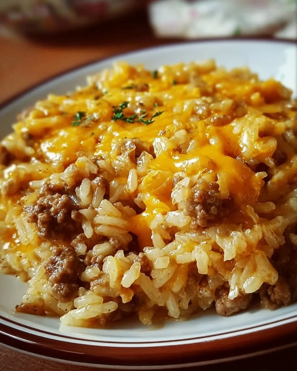Cheesy hamburger rice casserole topped with melted cheese and fresh herbs.