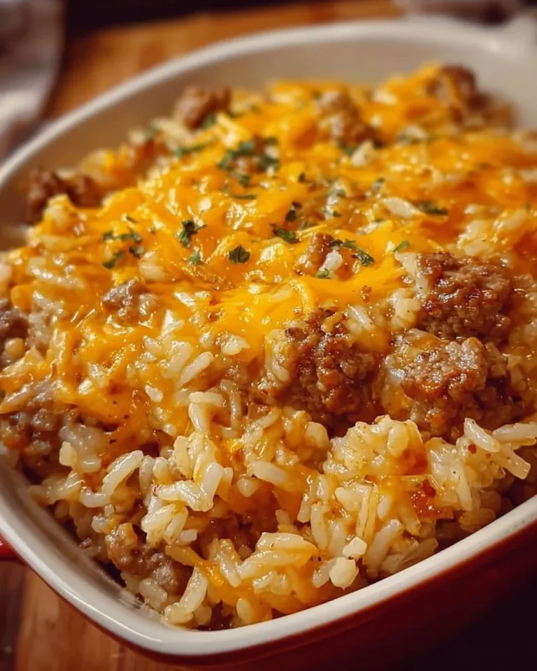 Cheesy hamburger rice casserole baked to perfection in a dish.