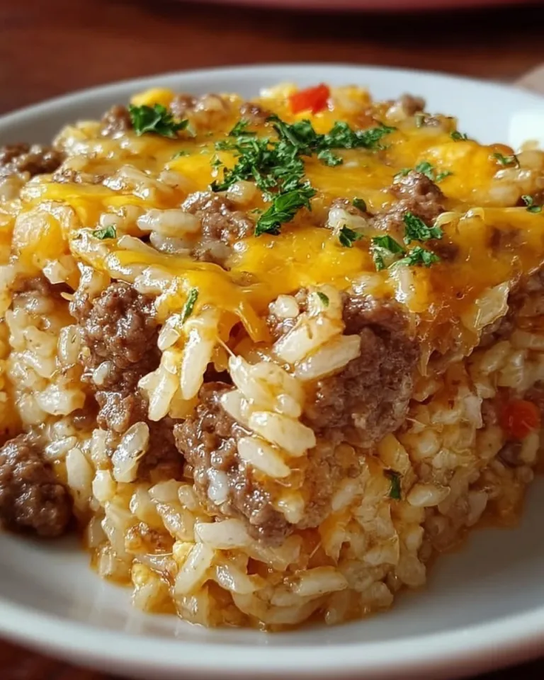 Delicious cheesy hamburger rice casserole baked to perfection