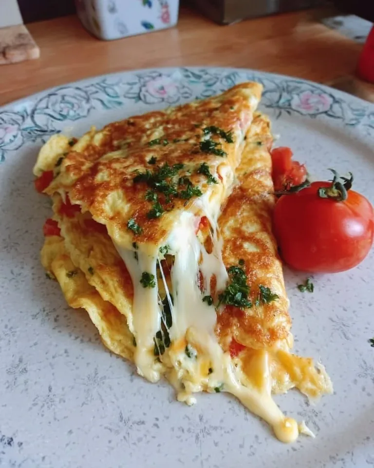 Delicious cheesy omelette served on a plate