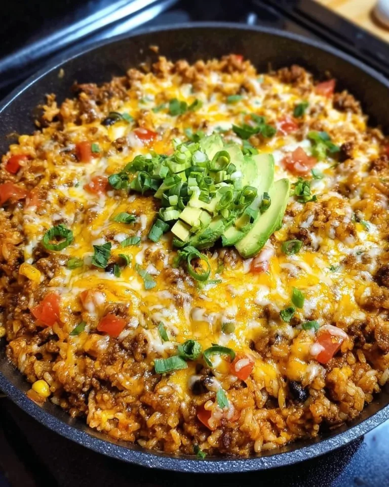 Cheesy Taco Rice Skillet topped with cheese and fresh herbs