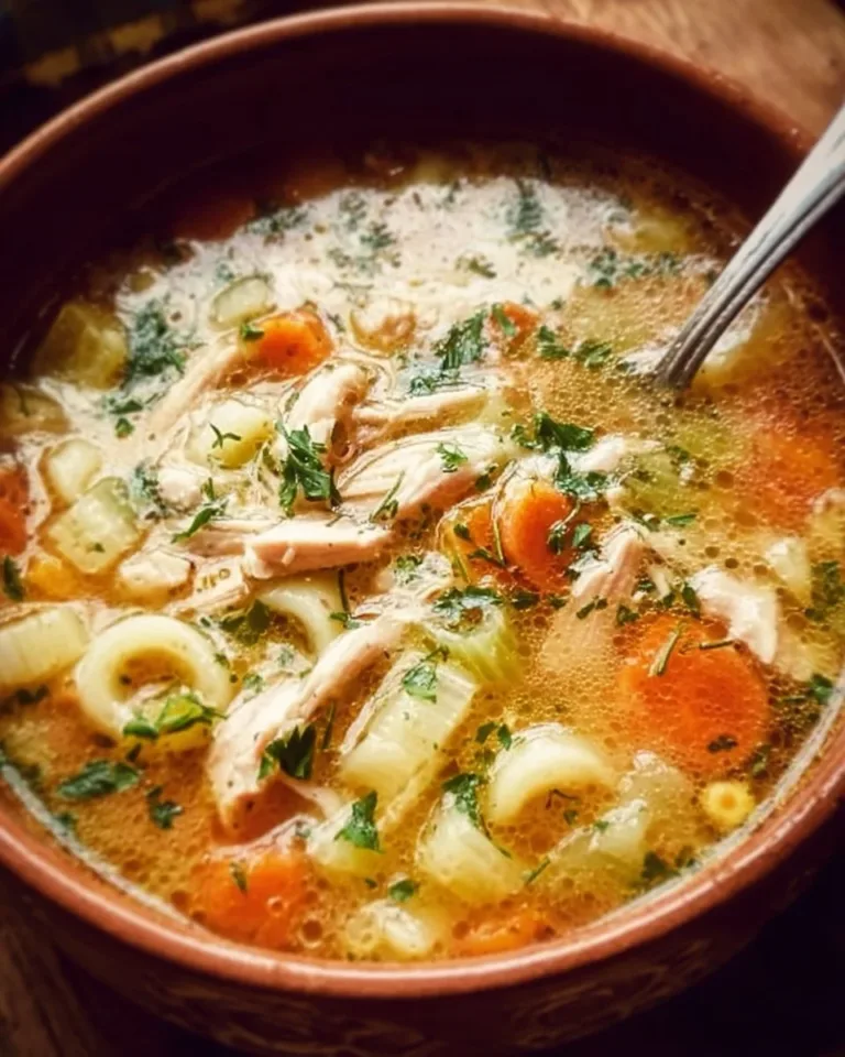 Bowl of homemade chicken soup with vegetables and herbs