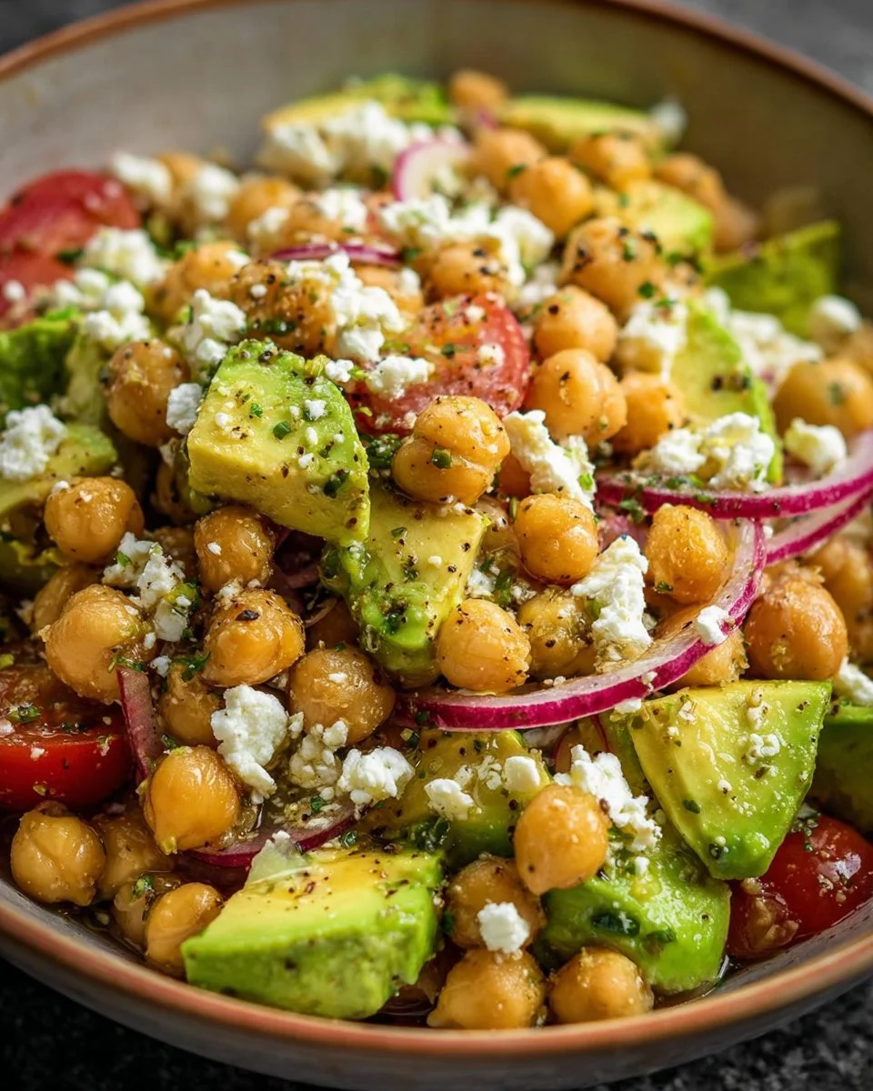Chickpea Feta Avocado Salad with vibrant vegetables in a bowl