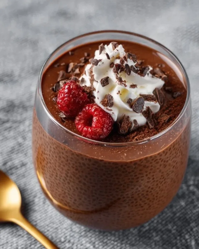 Delicious chocolate chia seed pudding topped with fresh berries and mint.